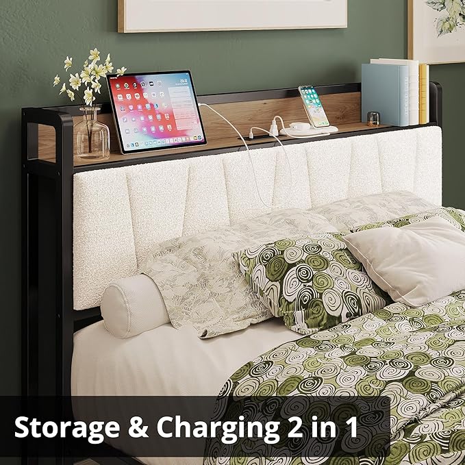 LIKIMIO Full Bed Frames Storage Headboard with Charging Station Solid and Stable Noise Free No Box Spring Needed Easy Assembly Wood and Cream