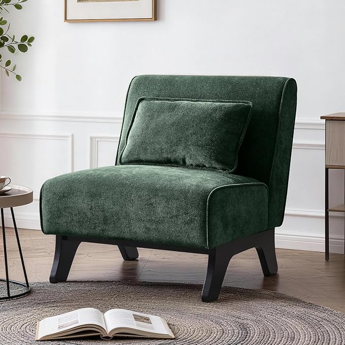 Upholstered Armless Accent ChairModern Comfy Living Room Chairs with Wooden Legs&amp PillowsLounge Sofa Side Chair for Bedroom Farmhouse Reading (Green 1 PC)