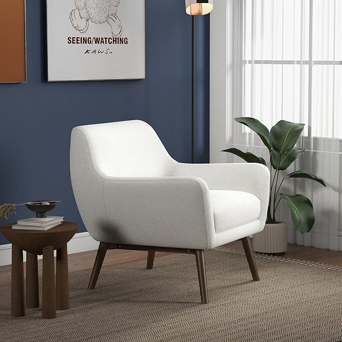 GDFStudio Mid-Century Modern Comfy Accent Chair Upholstered Boucle Lounge Vanity Chair with Rectangular Back and Solid Wood Legs Armchair Sofa Chair for Bedroom Living Room Makeup White &amp Brown