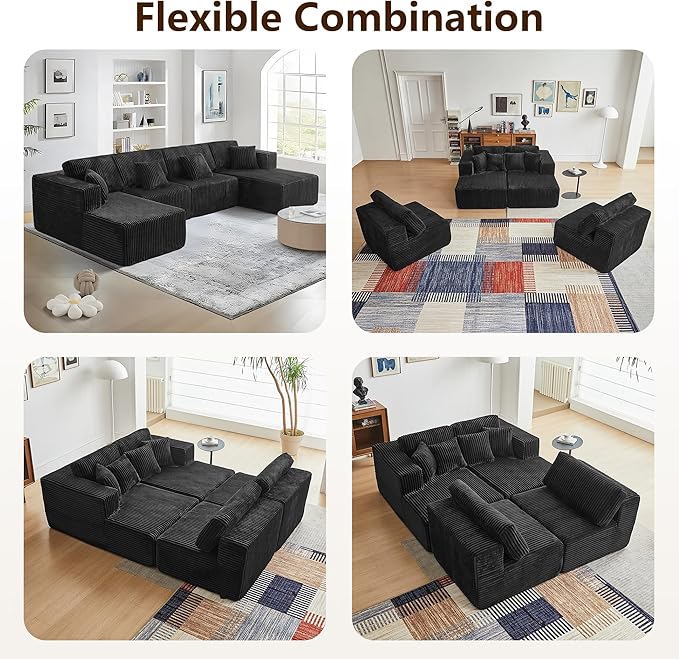 Oversized Modular Sectional Sofa Couch143.3 U Shaped Sofa Flannel Convertible Deep Seat 6 Seater Cloud Sofa for Large Living RoomTool-Free AssemblyBlack