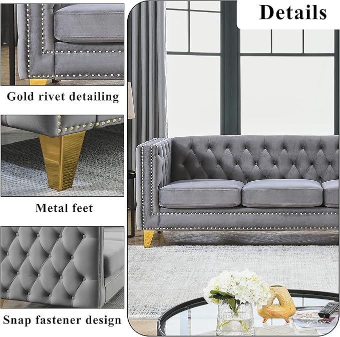 2 Piece Chesterfield Velvet Combination Sofa Set for Living Room3-Seater and Loveseat Sofa Set Tufted Couch with 4 PillowsRolled Arms and Nailhead for Living Room Bedroom Office Grey