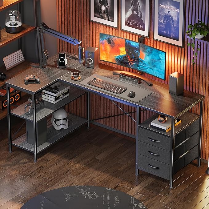 Huuger L Shaped Office Desk with Power Outlets 55 Inch Computer Desk with 3 Drawers Shelves Reverisble for Gaming Corner Work Home Office Study Grey