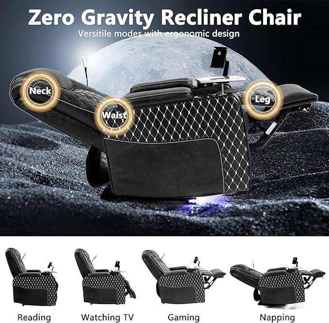 Power Zero Gravity Recliner Chair for Adults Breathable Leather Electric Recliners Adjustable Home Theater Seating with Smart Cup Holders USB Ports Hidden Arm Storage Tray Table