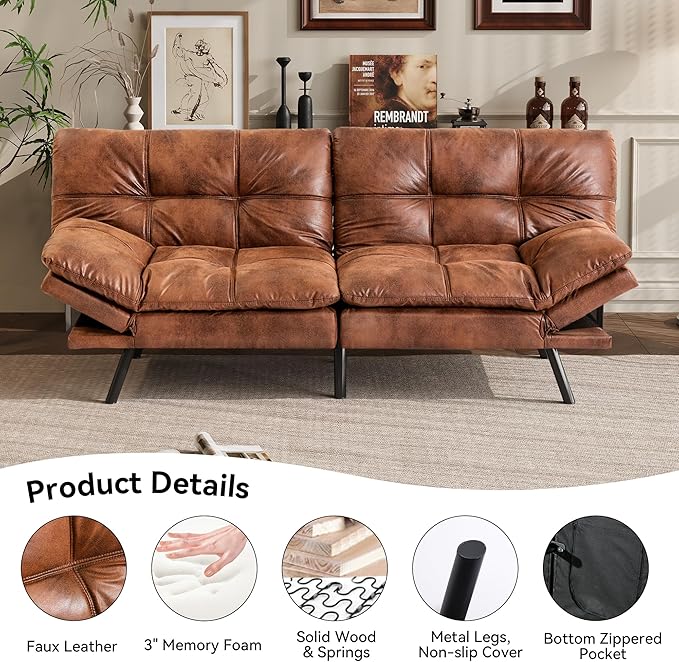 Vyfipt 71 Convertible Futon Sofa Bed3-in-1 Faux Leather Fabric Futon Couch with Memory Foam Modern Foldable Sleeper Loveseat for Small Spaces Living RoomOffice &amp ApartmentBrown