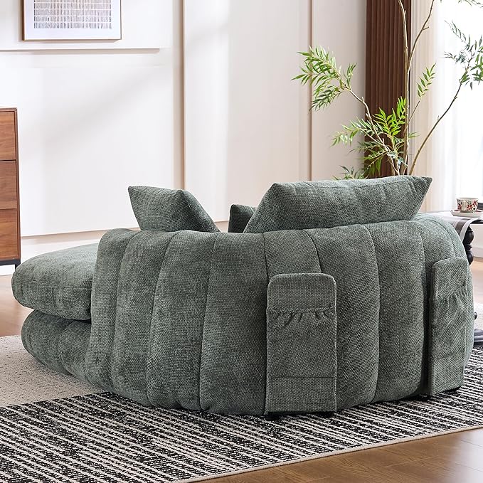 Oversized Chaise Lounge Indoor Deep Seat Boneless Sofa Bed with Throw Pillows Plush Chenille Fabric No Assembly Required Comfy Sleeper Sofa for Living Room Bedroom (Green with Pocket)