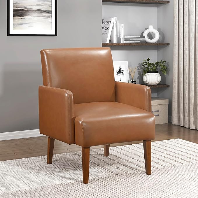 Lexicon Accent Chair Faux Leather Living Room Chair Modern Armchair with Solid Wood Frame and Thick Cushion Reading Chair Comfy Chair for Bedroom Living Room Waiting Room Retro Brown