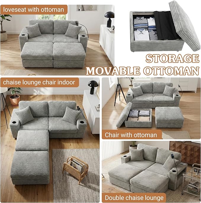 Double Chaise Lounge Chair Indoor Oversized Loveseat with Ottoman Storage USB Charging Cup Holders Phone Stand LED Corduroy Couch (Grey)