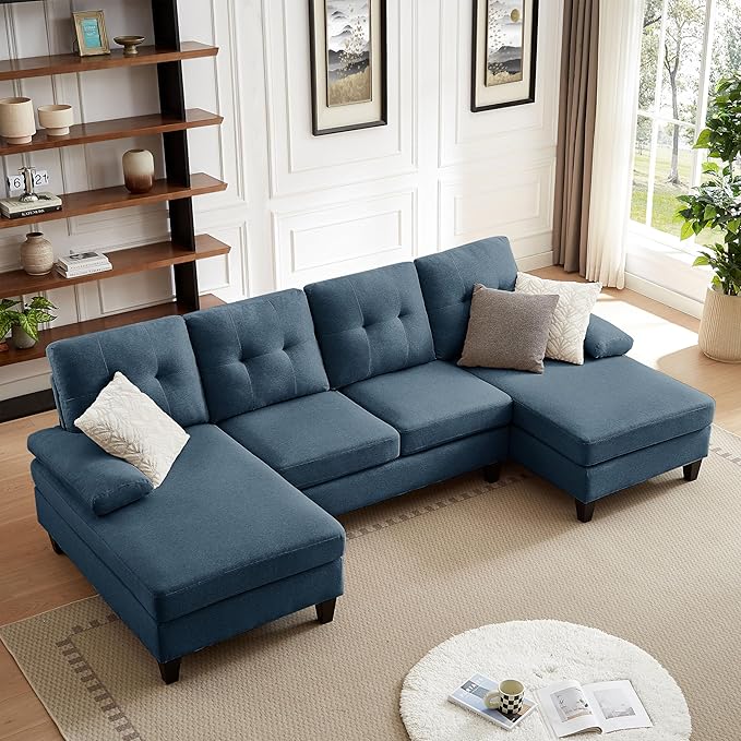 111 Sectional Couch for Living Room Modern Polyester Fibre U Shaped Sofa Couches with Double Chaise Upholstered 4 Seater Sofa for Living Room Apartment Office Blue