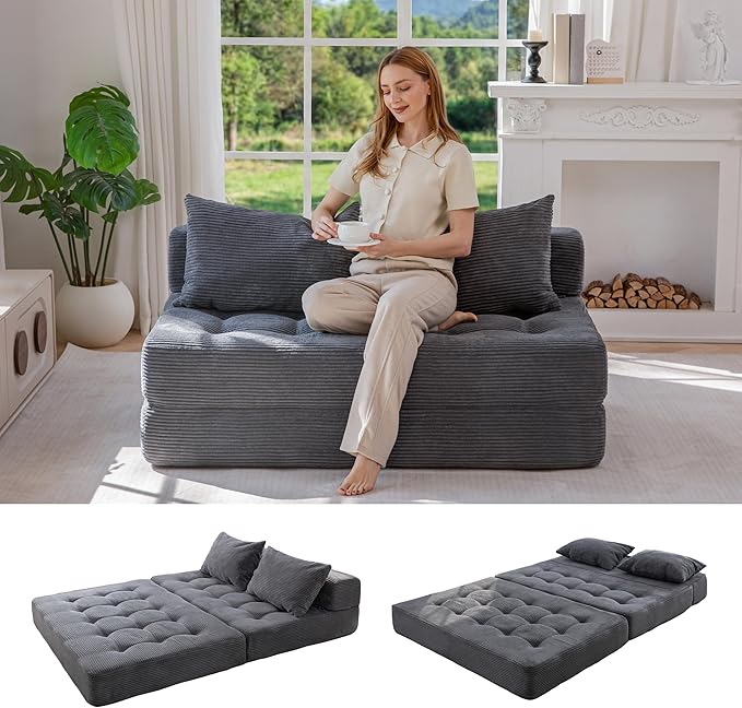 MAXYOYO Folding Sofa Couch Convertible Floor Sleeper Couch with 2 Pillows Tufted Floor Loveseat Couch Tufted Fold Out Chair Bed Comfy Sofa Lounge for Living Room Bedroom Dark Grey