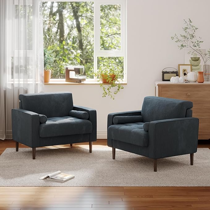 Lumibee Corduroy Accent Chairs Set of 2 Modern Upholstered ArmChairs with Large Seat for Living Room Comfy Single Reading Sofa Chairs for Bedroom-Navy Blue
