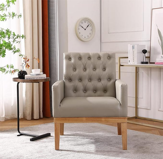Generic PU Leather Accent Chair Upholstered Lounge Single Sofa Armchair Comfortable Armchair with Wooden Legs in Log Color Modern Button Reading Chair for Bedroom Living Room Off White