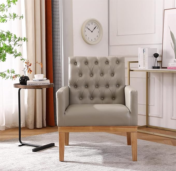 PU Leather Accent Chair Upholstered Lounge Single Sofa Armchair Comfortable Armchair with Wooden Legs in Log Color Modern Button Reading Chair for Bedroom Living Room Off-White