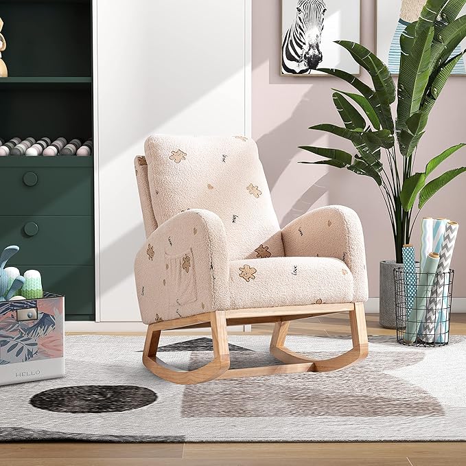Nursery Chair 26.8 W Modern Rocking Chair for Nursery Mid Century Accent Rocker Armchair with Side Pocket Upholstered High Back Wooden Rocking Chair (Beige Boucle)