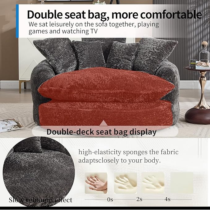 55 inch Oversized Round Chair Fluffy Chenille Boneless Sofa with Extra Deep Seat for Living Room Lounge (Grey)