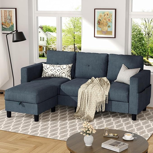 JY QAQA Convertible Sectional Sofa Couch with 3-Seat Sofa L-Shaped Ottoman Couch with Modern Linen Fabric for Small Living Room Apartment and Small Space (Dark Gray)