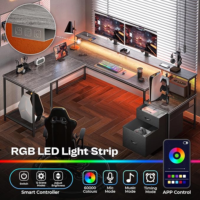 PRAISUN 66 L Shaped Gaming Desk with LED Lights &amp Power Outlets Computer Desk with Fabric Drawers and Print Stand Corner Office Desk Monitor Stand Mesh CPU Stand Grey