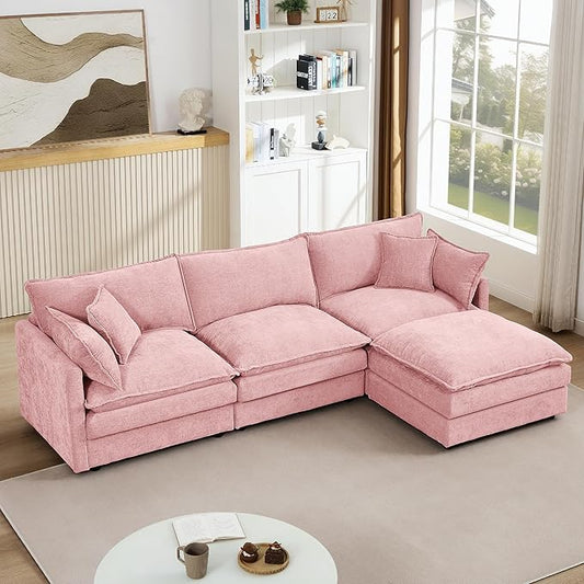 Pink Sectional Modular Sofa Cloud Couch 105 Modern Convertible L-Shape Sofa Deep 3-Seater Soft Chenille Comfy Upholstered with Removeable Ottoman Set and Removable Cushions for Living Room