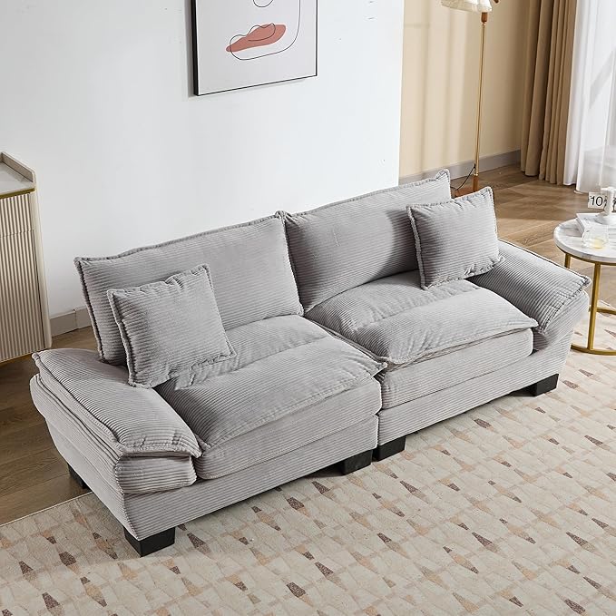 KEIKI Loveseat Sofa 84 Corduroy Upholstered Couch with Deep Seat and 2 Pillows Modern Loveseat Sofa Couch for Small Spaces Living Room Apartment Office Light Grey