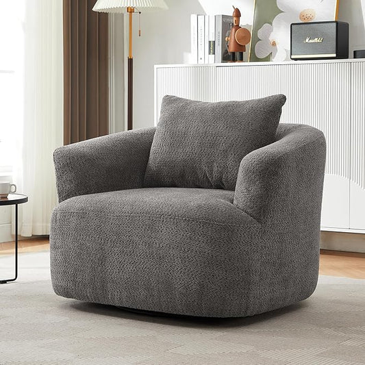 360-Degree Swivel Accent Chair 38.2 Chenille Upholstered Swivel Barrel Sofa Chair with a Throw Pillow Ergonomic Rounded Armrests Single Sofa for Living Room Office (Gray/509)