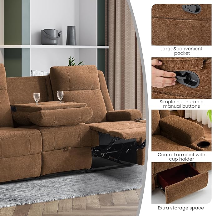 75'' Manual Reclining Sofa with Storage Drawer 3 Seat Wall Hugger Recliner Couch with Cup Holders Side Pockets Chenille Fabric Compact 3-Person Recliner for RV Living Room Apartment (Brown)