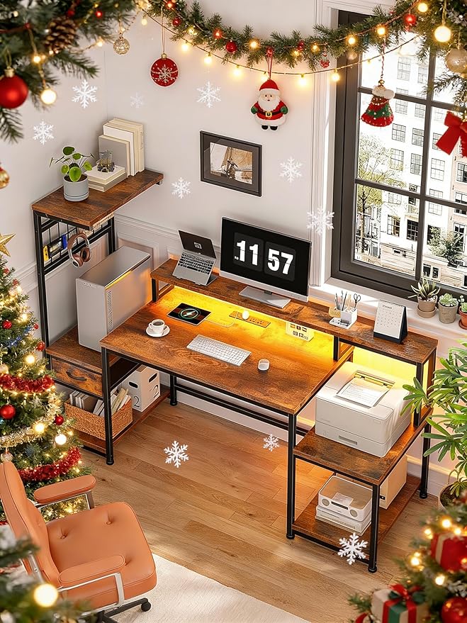 63 Gaming Desk with LED Lights &amp OutletsComputer Desk with Drawers &amp Monitor StandGaming Table with Storage Shelves &amp Printer Space for Game RoomStudy RoomHome OfficeRustic Brown