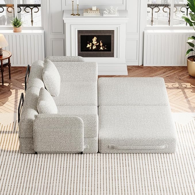 KINFFICT 72 inch Sectional Sleeper Sofa Modular Futon Folding Loveseat Floor Sofa Bed Convertible Comfy Chenille Memory Foam Couch Bed with Side Pockets for Guest Room Bedroom Living Room Beige