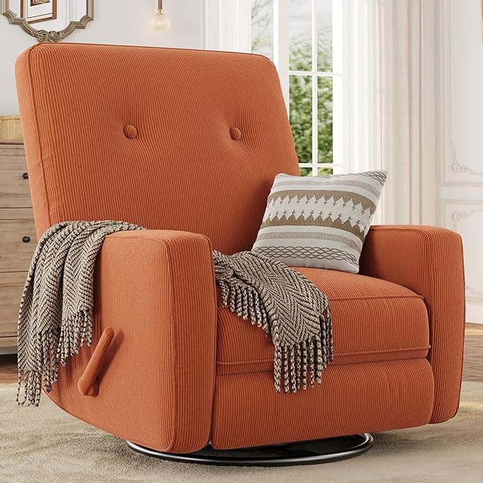 GarveeHome Recliner Chairs Swivel Rocker Recliner Glider Recliner Nursery Chair for Adults 360° Swivel Glider Rocking Chair for Living Room Bedroom Office RV Small Spaces Corduroy Orange
