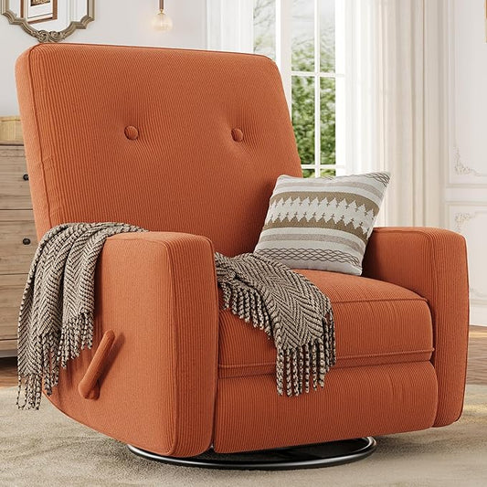 GarveeHome Recliner Chairs Swivel Rocker Recliner Glider Recliner Nursery Chair for Adults 360° Swivel Glider Rocking Chair for Living Room Bedroom Office RV Small Spaces Corduroy Orange