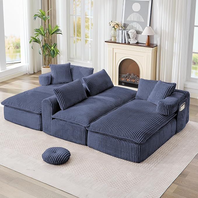 Oversized Cloud Boneless Couch with Chaise 149 Modern U Shape Modular Deep Seat Sectional Sofa Comfy Corduroy Upholstered Couches for Living Room No Assembly Required Navy Blue