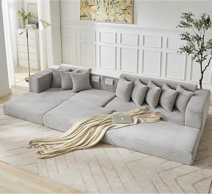 L Shaped Modular Cloud Couch with 8 Pillows Modern Corduroy Boneless Sectional Sofa with Large Chaise for Living Room Office Studio Flat Left Facing Chaise Compressed Sofa (Light Grey)