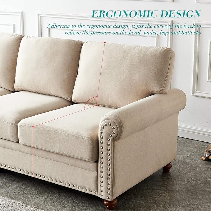 Lestar Fabric Sofa Couch 3 Seats Modern Upholstered Sofas 3 Seater Couches with Nails and Armrests (Beige)