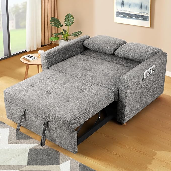 SEJOV Sleeper Sofa Pull Out Loveseat Sleeper with Adjustable Backrest 2-Seater Linen Fabric Couches for Small Spaces Futon Couch for Living Room Bedroom Apartment Rv Drak Grey