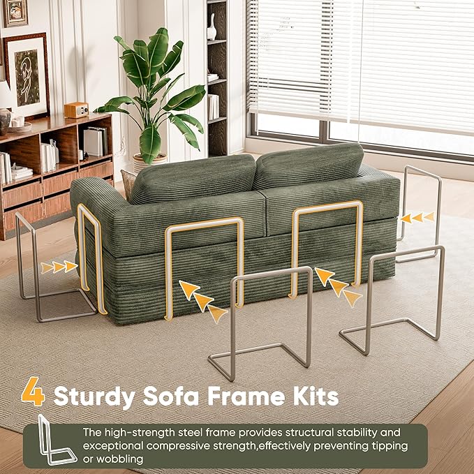 Homall 4-in-1 Convertible Sofa Bed Oversized Boneless Couch with 4 Frame Kits and Removable Armrests Corduroy Sleeper Sofa with 2 Pillows for Small Space No Assembly Required (Green)