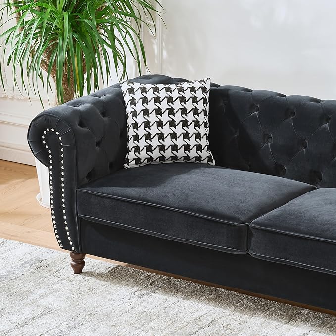 Loveseat Velvet Fabric Two- Seater Couch Buckle Design and Rivet Decoration Deep Seated Double Sofa Suitable for Living Room Bedroom Apartment Hotel etc (black-04)