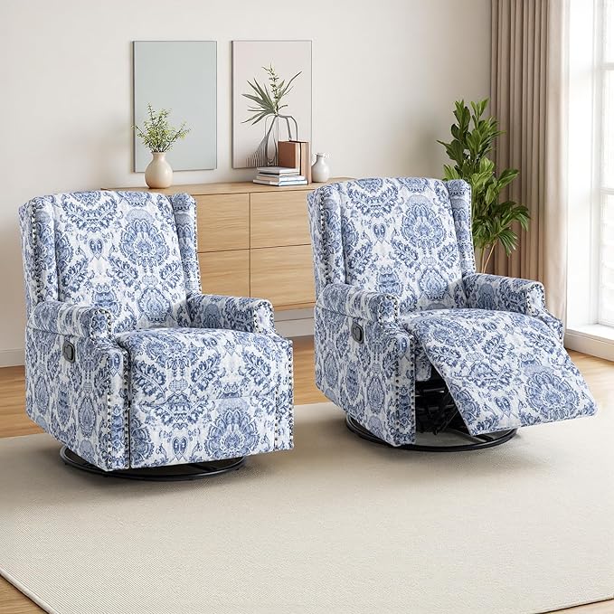 Swivel Rocker Recliner Chair Manual Nursery Glider Recliner Floral Fabric Wingback Accent Chair with Adjustable Backrest &amp Footrest for Small Spaces Living Room Bedroom (Navy Blue Set of 1)