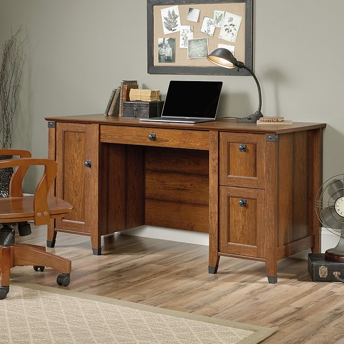 Sauder Carson Forge Rustic Vintage Computer Desk with Drawers Storage in Washington Cherry finish