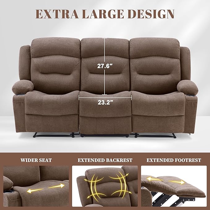 Oversized Recliner Sofa with Heat and Massage Wall-Hugger Reclining Sofa with Cup Holders and USB Port Big Large 3-Seater RV Recliner Couch Sofa for Living Room (Fabric Brown)