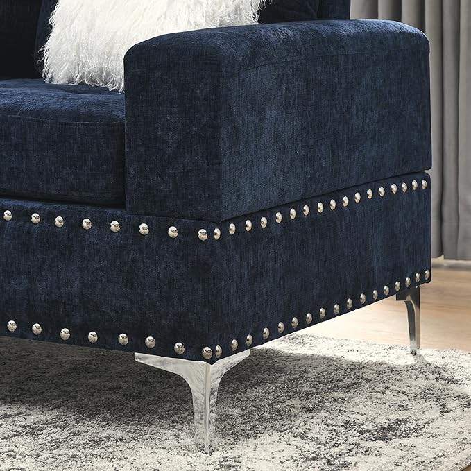 Living Room Furniture Sets L-Shape Sectional 5-Seater Sofa with Extra Wide Reversible Chaise Storage Ottoman and Cup Holders and Copper Nails 2 Pillows Navy Blue