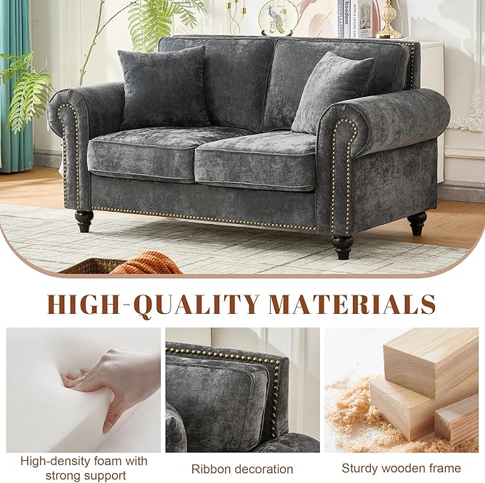 TTK 63 Modern 2-Seater Sofa with Rolled Arms Chenille Upholstered Loveseat Couch with Sturdy Wood Legs and Elegant Nailhead Trim Comfortable Small Sofa for Living Room Bedroom or Apartment Gray