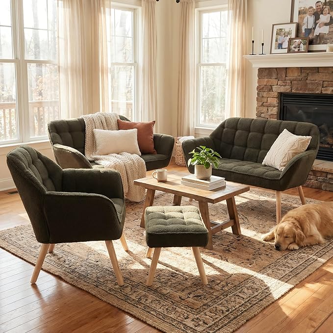 48”Small Loveseat Sofa Modern Sherpa Upholstered Mini Couch 2-Seater Fluffy Love Seat with Quilting Backs and Wood Legs for Small Space Living Room Bedroom Green
