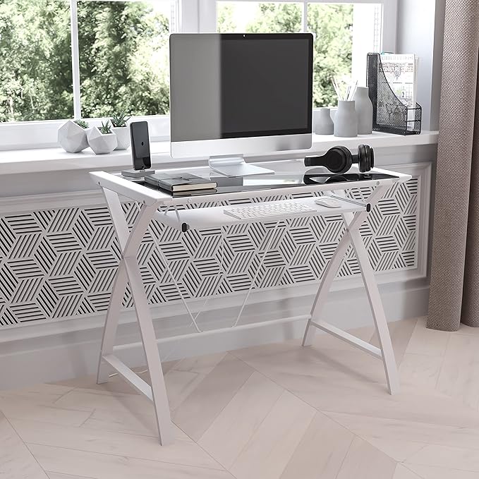 Flash Furniture Jude Clear Tempered Glass Computer Desk with White Pull-Out Keyboard Tray and White Crisscross Frame