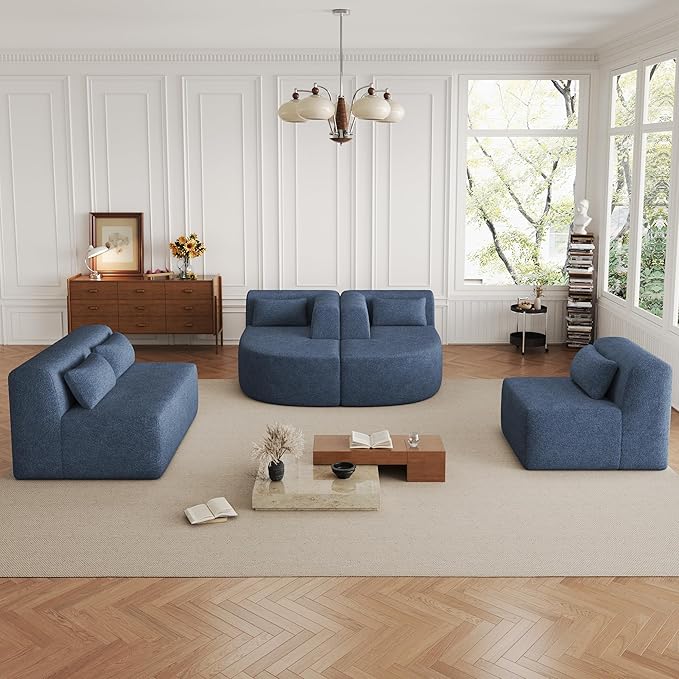 Modern 143.7 Upholstered Sectional SofaFree-Combined Sofa Couch with Two Chaise Lounge and Five Back Pillowsfor Living Room Bedroom (Blue#4)
