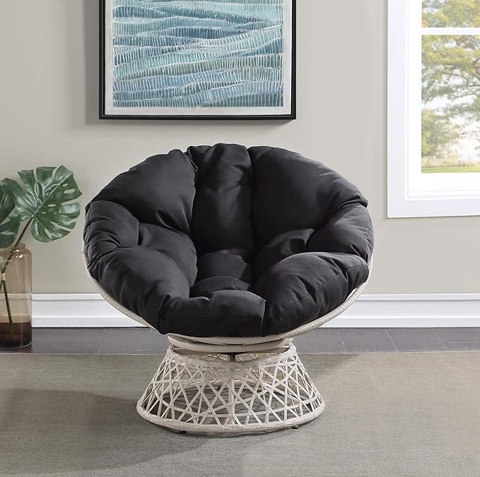 OSP Home Furnishings Wicker Papasan Chair with 360-Degree Swivel Cream Frame with Black Cushion