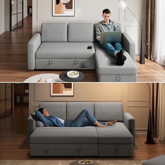 Yaheetech Sectional Sofa L-Shaped Sofa Couch Bed w/Chaise &amp USB Reversible Couch Sleeper w/Pull Out Bed &amp Storage Space Living Room Light Gray