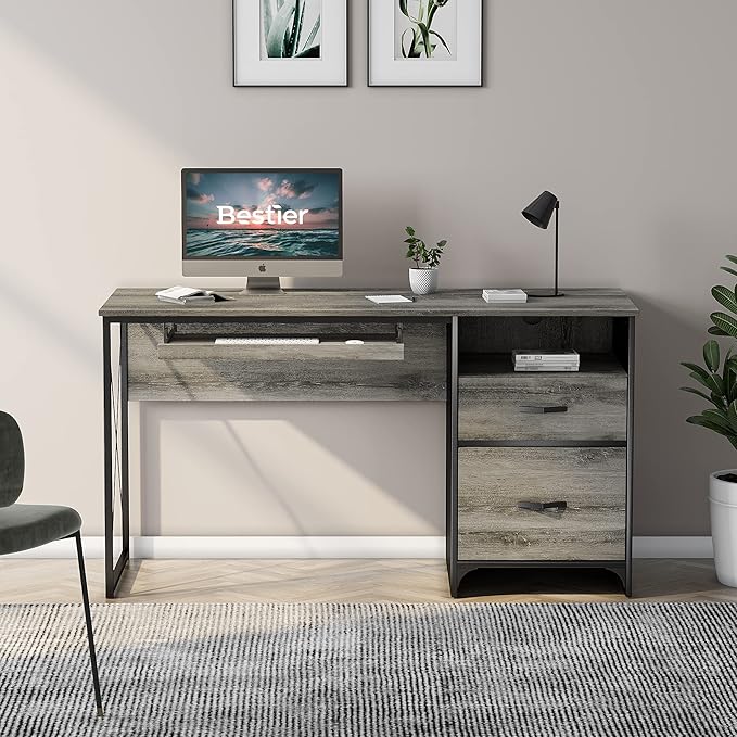 Bestier Office Desk with Drawers 55 inch Industrial Computer Desk with Storage Wood Teacher Desk with Keyboard Tray &amp File Drawer for Home Office Dark Gray Oak