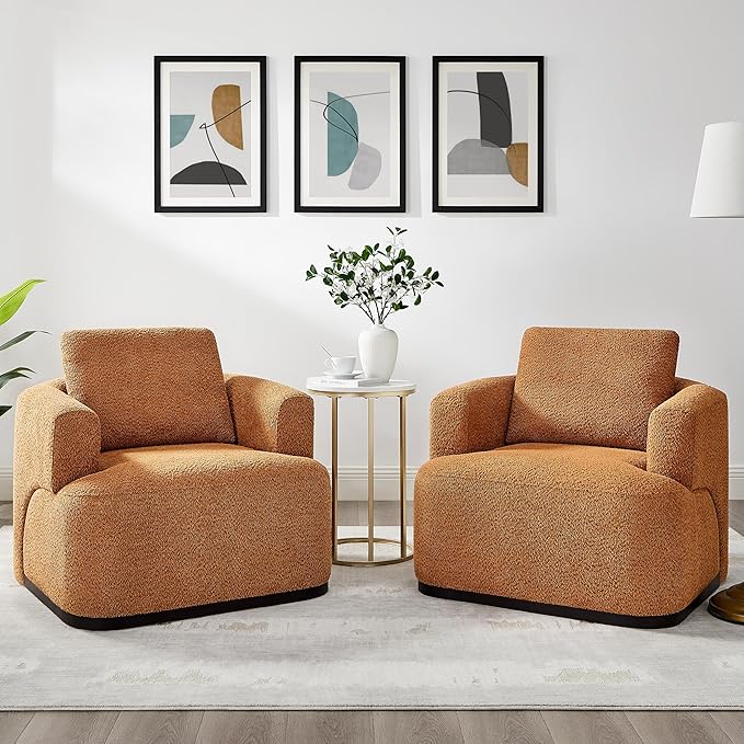 Oversized Living Room Chair Modern Comfy Boucle Accent Chairs with Throw Pillow Upholstered Armchair for Bedroom Office Waiting Room Fully Assembled (Curry)