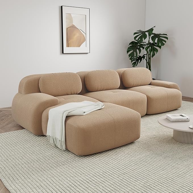 117 Boneless Couch L-Shaped Modular Sectional Sofa for Living Room Compressed Sofa with Deep Seat Corduroy Cloud Couch with Ottoman No Assembly Needed