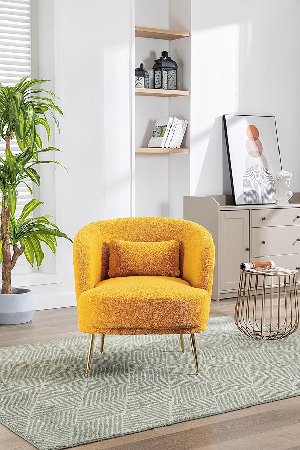 30.32 W Accent Chair Upholstered Curved Backrest Reading Chair Single Sofa Leisure Club Chair with Golden Adjustable Legs for Living Room Bedroom Dorm Room (Mustard Boucle)
