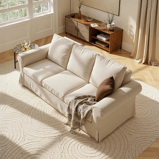89 3-Seater Couch with Rolled Arm Farmhouse Slipcovered Sofa with Washable Cover Supportive Cushions &amp Sturdy Frame Beige Couches for Living Room Small Spaces Apartment Office Easy Assembl