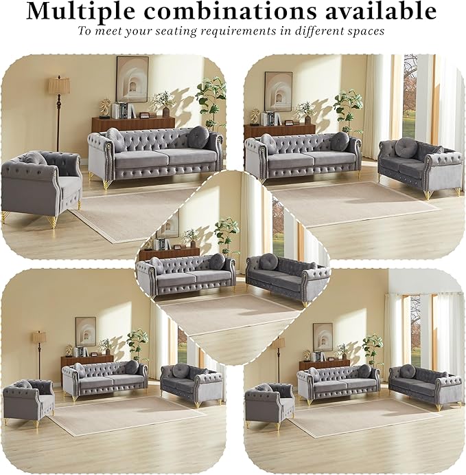 KEIKI 6 Seat Chesterfield Sofa Retro Style Upholstered 3+3 Seats Velvet Couch with Rolled Arm for Living Room Bedroom Office Gray